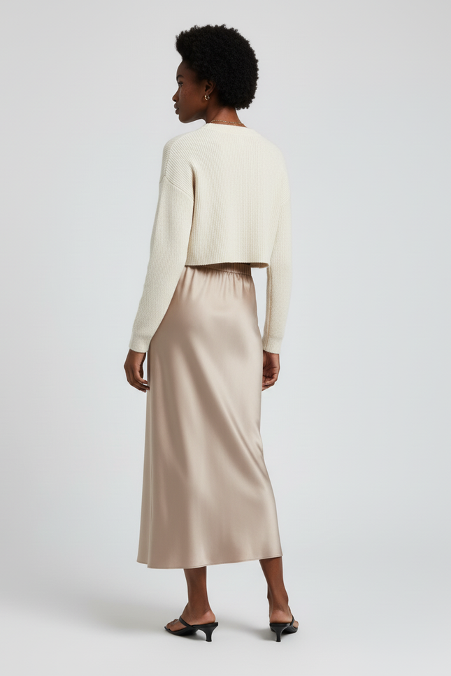 Jupe Longue Satin Beige Fluide