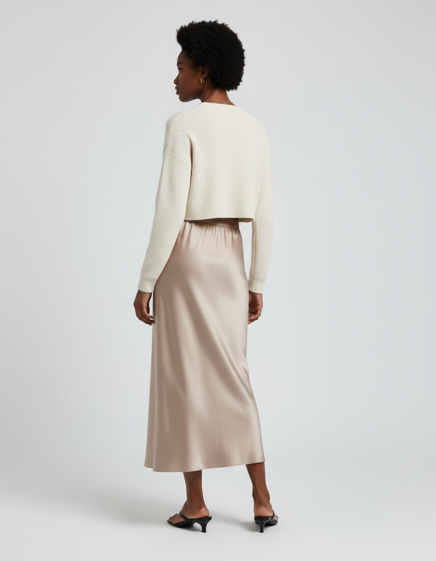 Jupe Longue Satin Beige Fluide