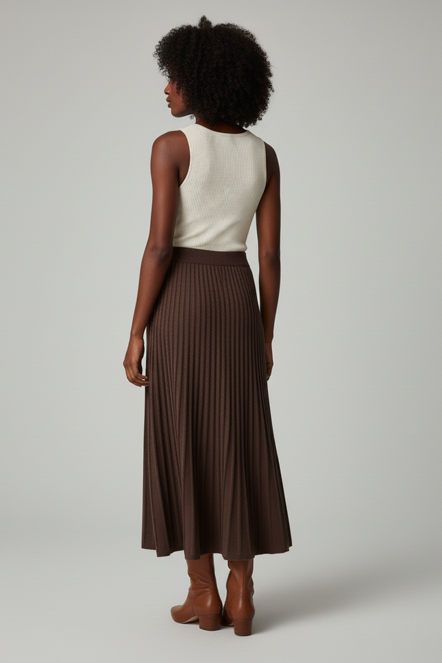 Jupe Longue Marron Tricotée Plissée