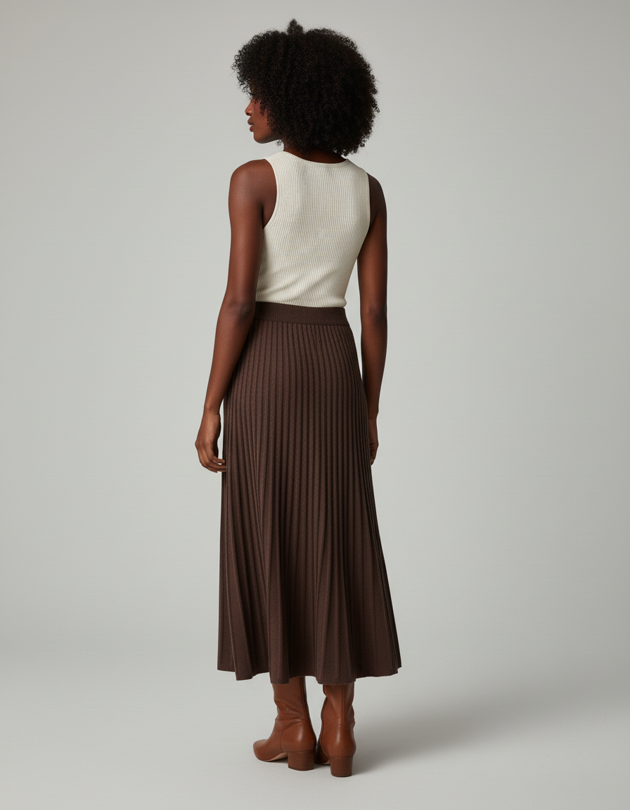 Jupe Longue Marron Tricotée Plissée