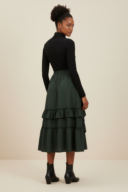 Jupe Longue Verte Chic À Volants