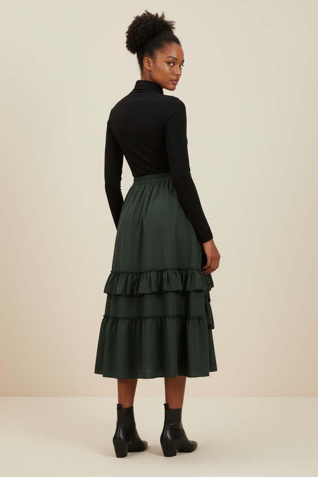 Jupe Longue Verte Chic À Volants