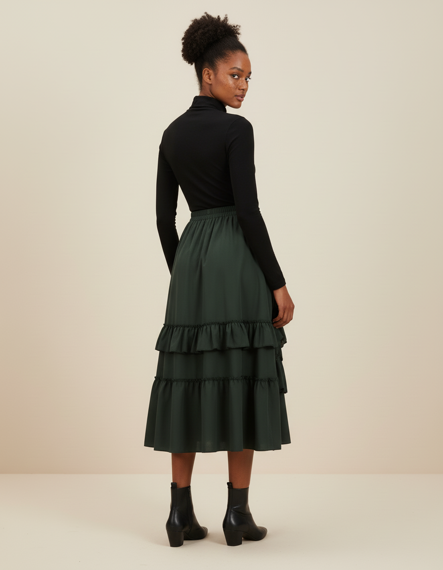 Jupe Longue Verte Chic À Volants