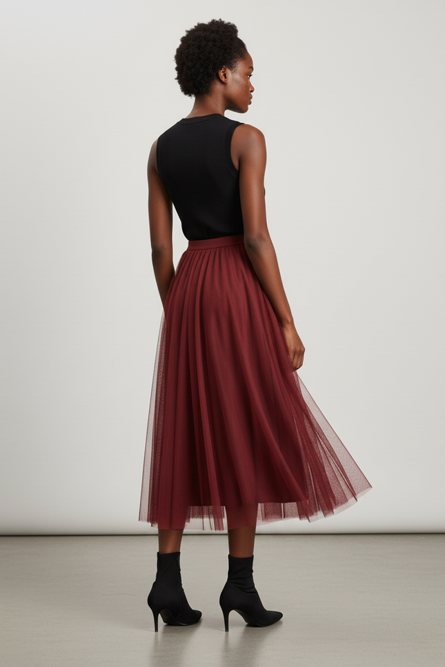 Jupe Longue Tulle Plissée Bordeaux