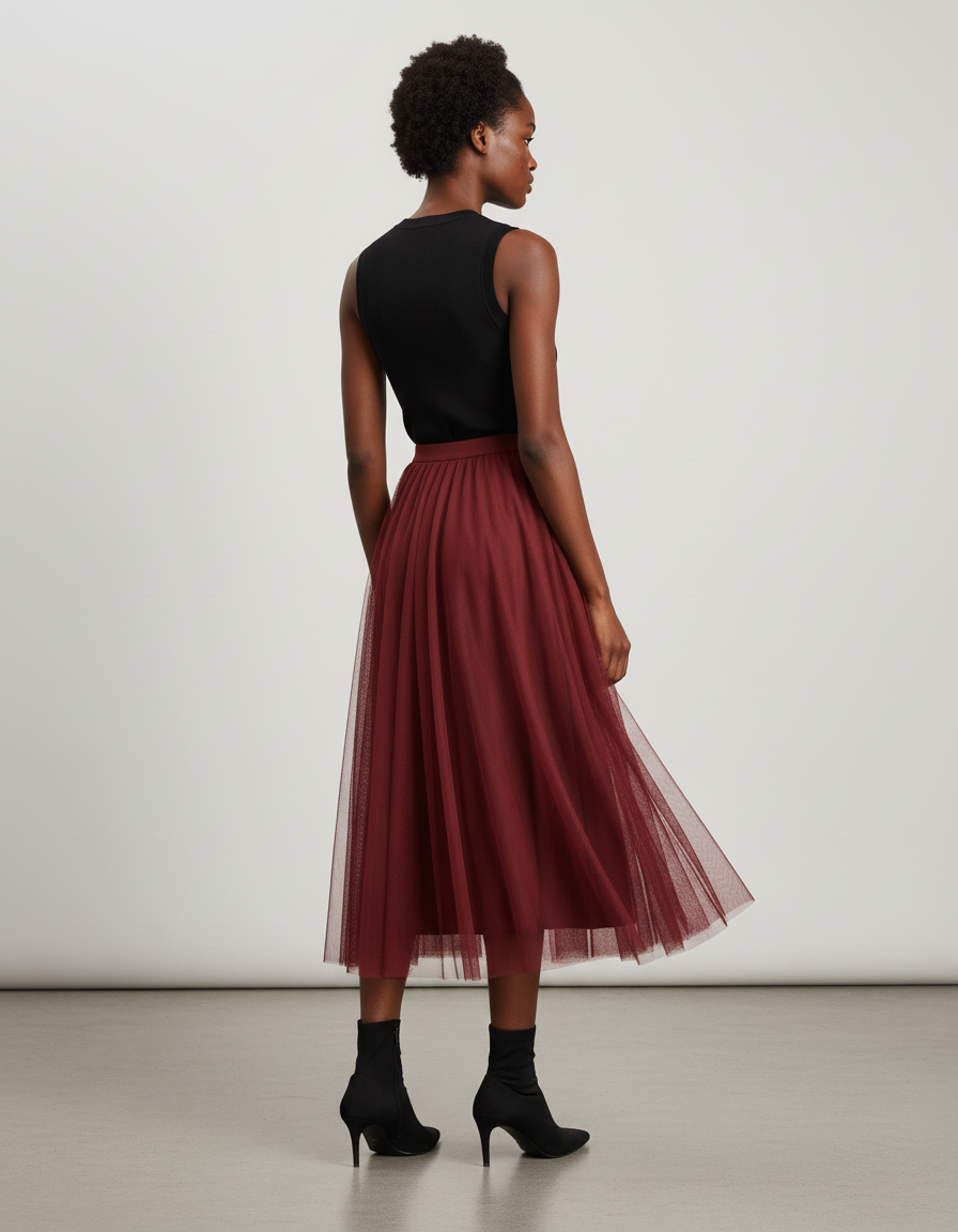 Jupe Longue Tulle Plissée Bordeaux