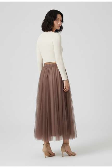 Jupe Longue Tulle Marron Fluide