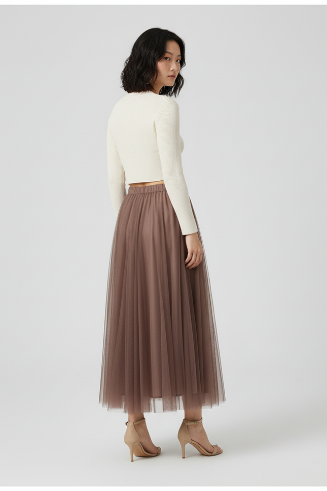 Jupe Longue Tulle Marron Fluide