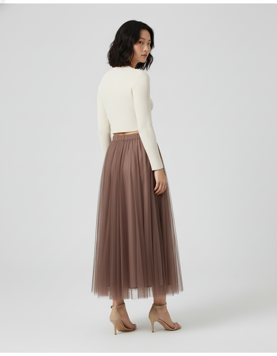 Jupe Longue Tulle Marron Fluide