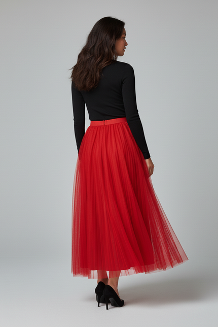 Jupe Longue Rouge Tulle Plissée