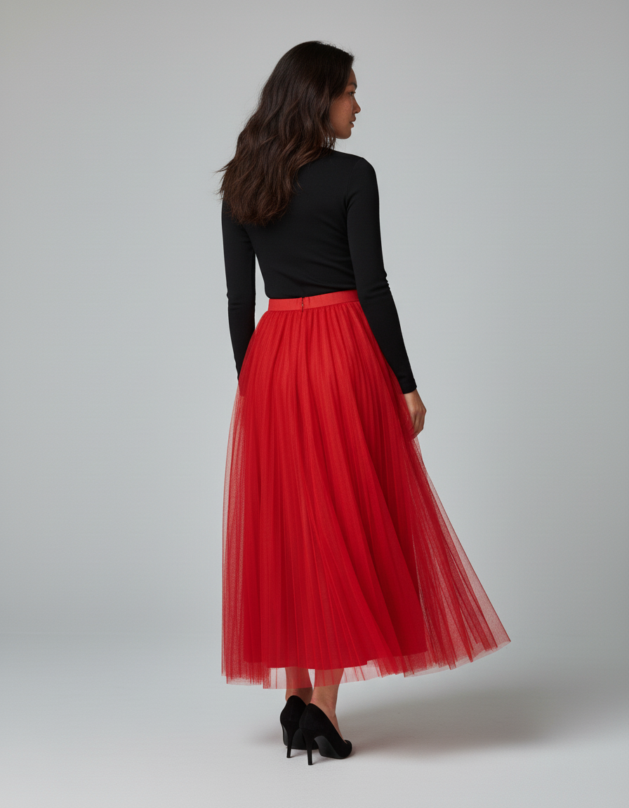 Jupe Longue Rouge Tulle Plissée