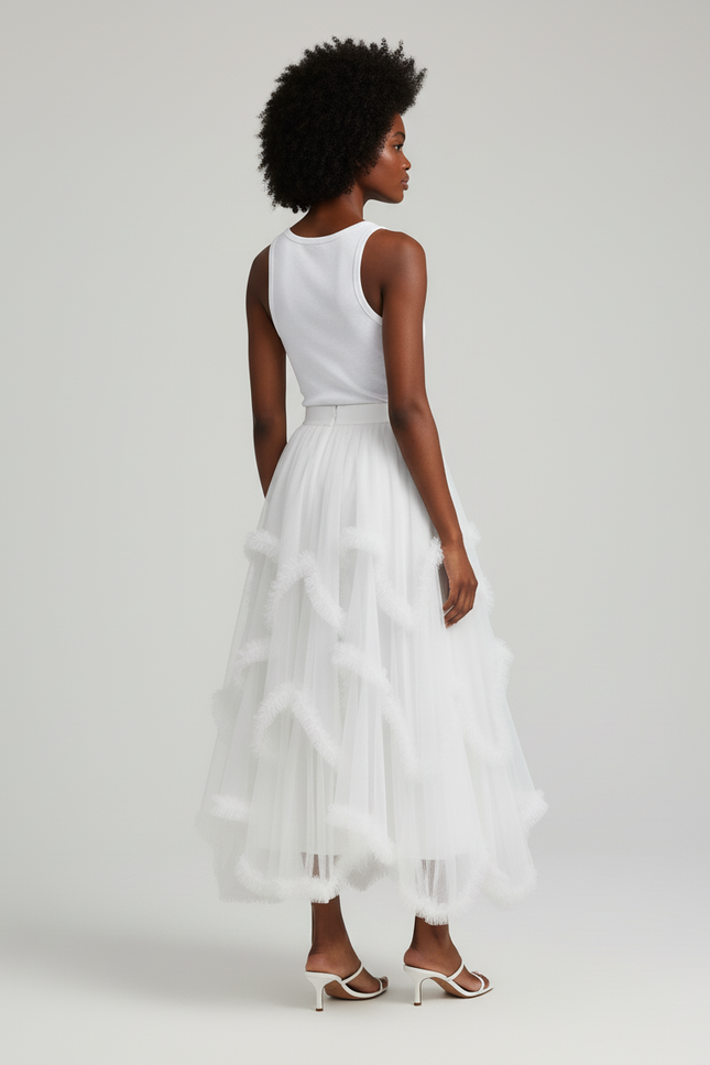 Jupe Longue Blanche Tulle À Volants Élégante