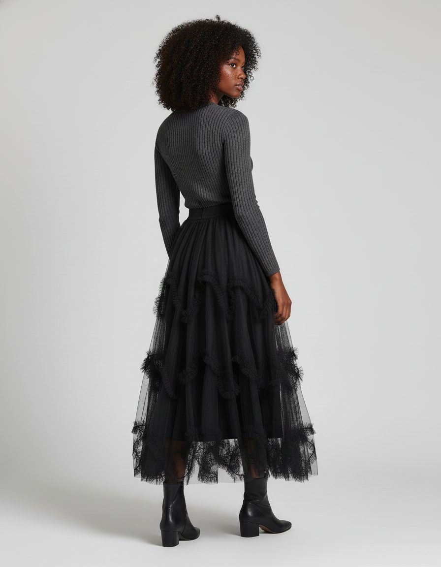 Jupe Longue Noire À Volants Chic