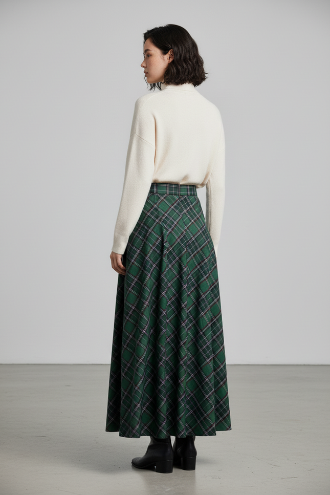 Jupe Longue Verte À Carreaux Chic