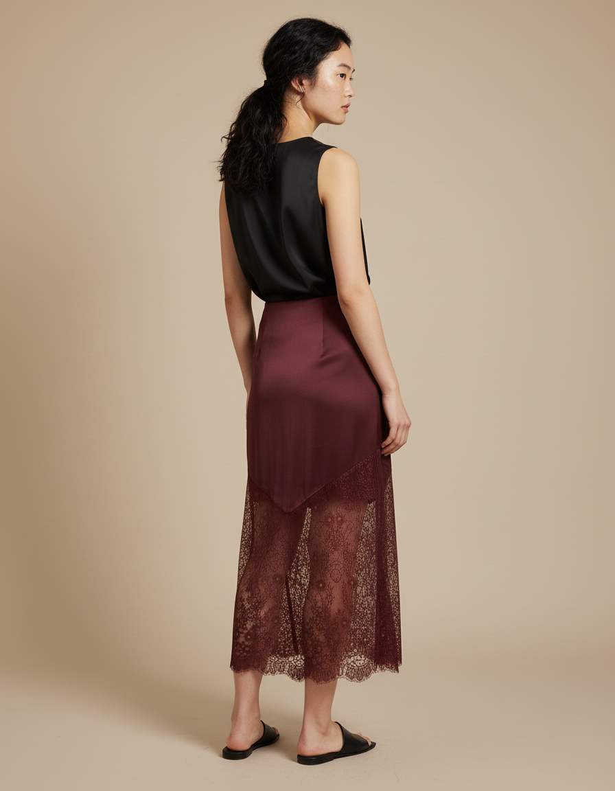 Jupe Longue Bordeaux Dentelle Élégante