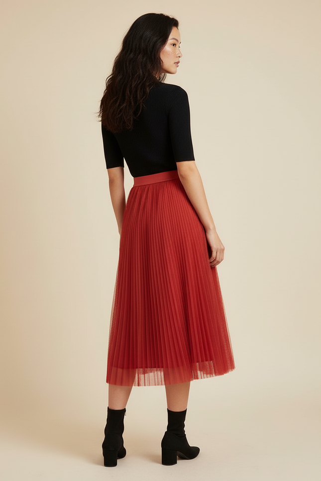 Jupe Longue Rouge Tulle Plissée Femme