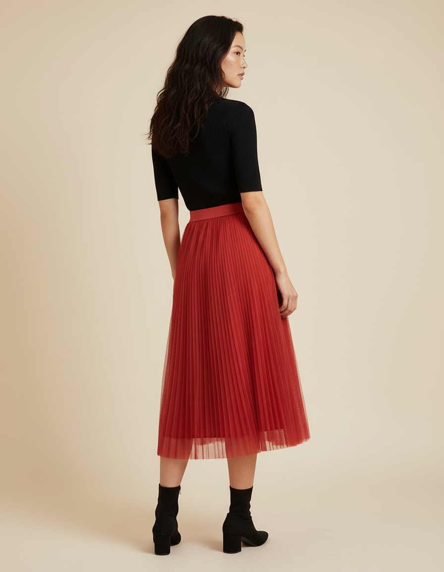 Jupe Longue Rouge Tulle Plissée Femme