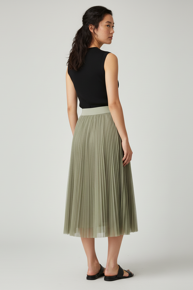 Jupe Longue Vert Sauge Plissée Élégante