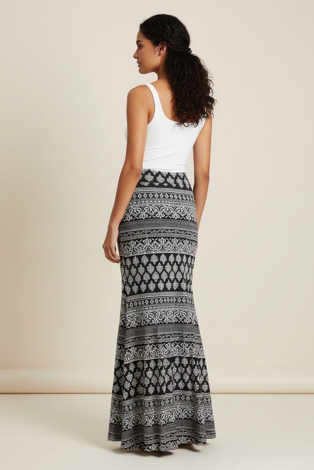 Jupe Longue Motif Ethnique Bohème Noir Et Blanc