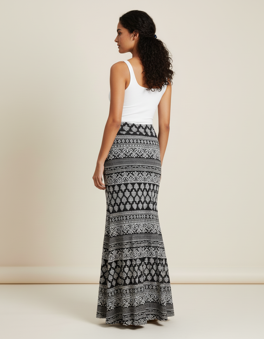 Jupe Longue Motif Ethnique Bohème Noir Et Blanc