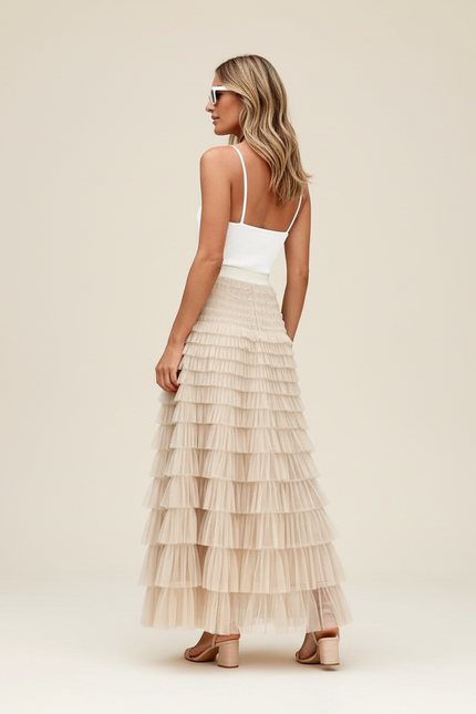 Jupe Longue Tulle Étagée Beige Élégante