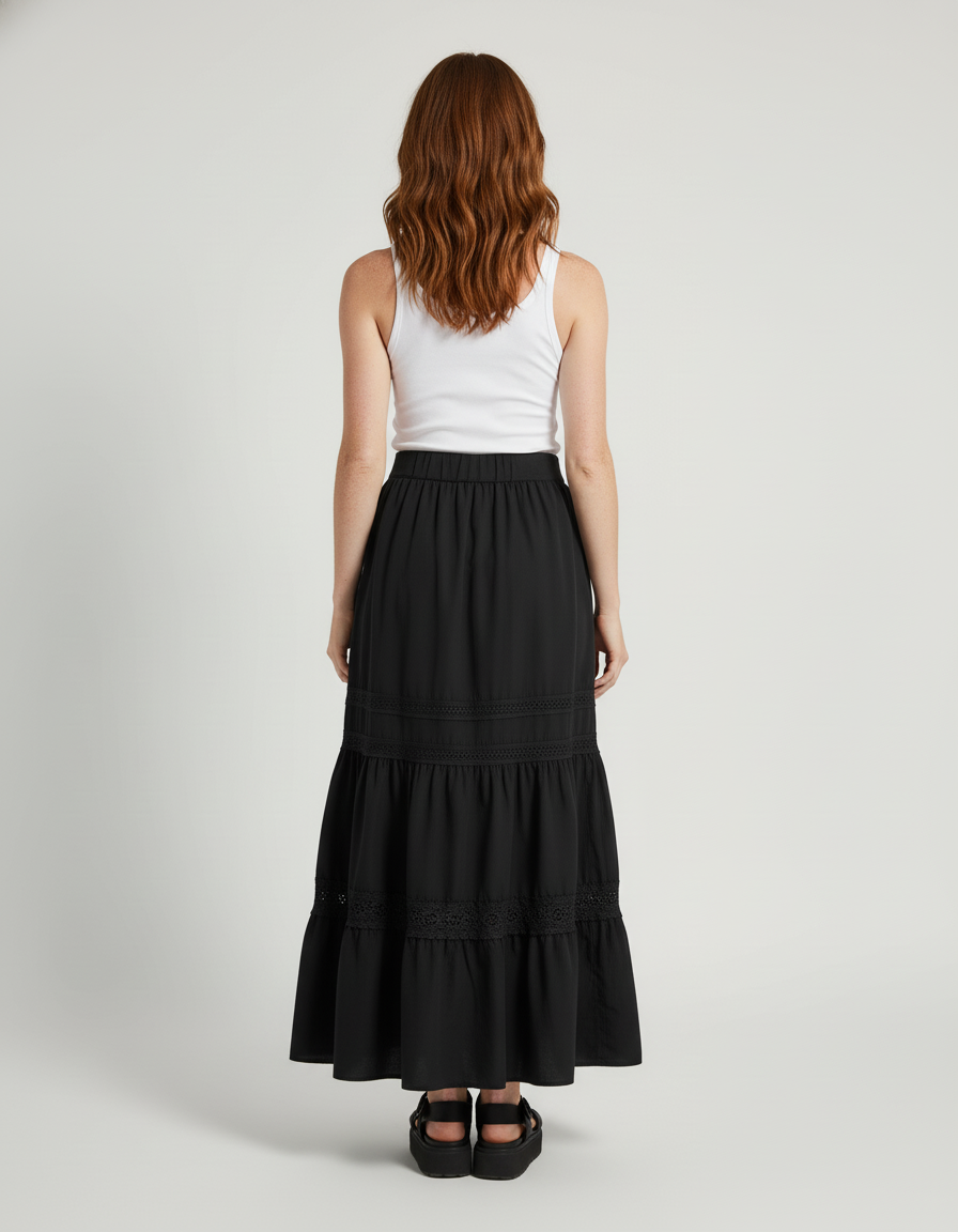Jupe Longue Noir À Volants Bohème