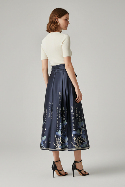 Jupe Longue Plissée Motifs Chinois Élégante