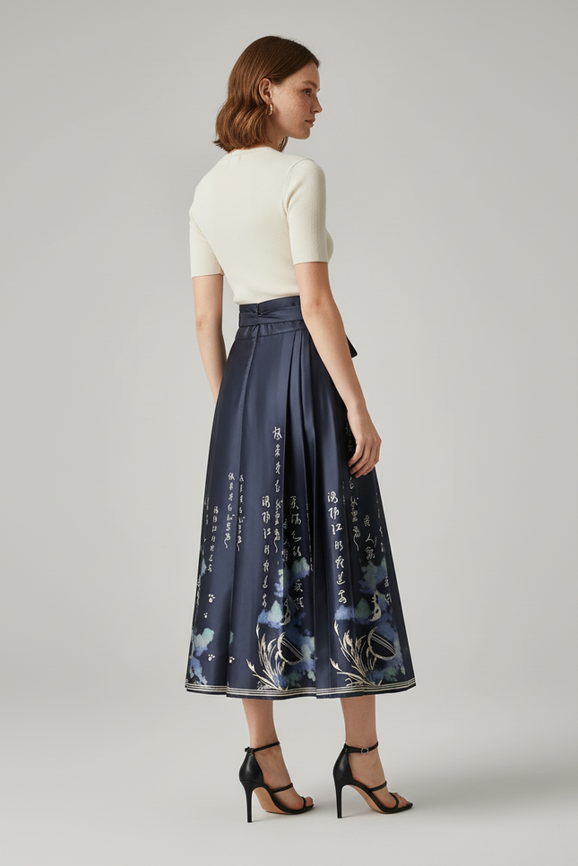 Jupe Longue Plissée Motifs Chinois Élégante