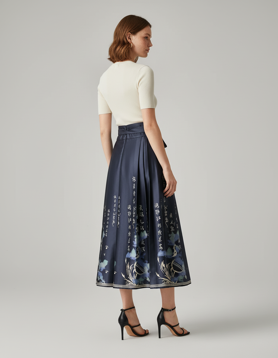 Jupe Longue Plissée Motifs Chinois Élégante