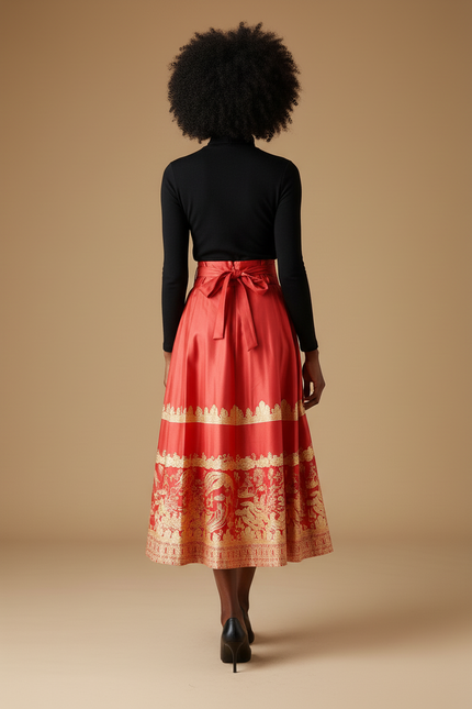 Jupe Longue Rouge Motifs Dorés Plissée