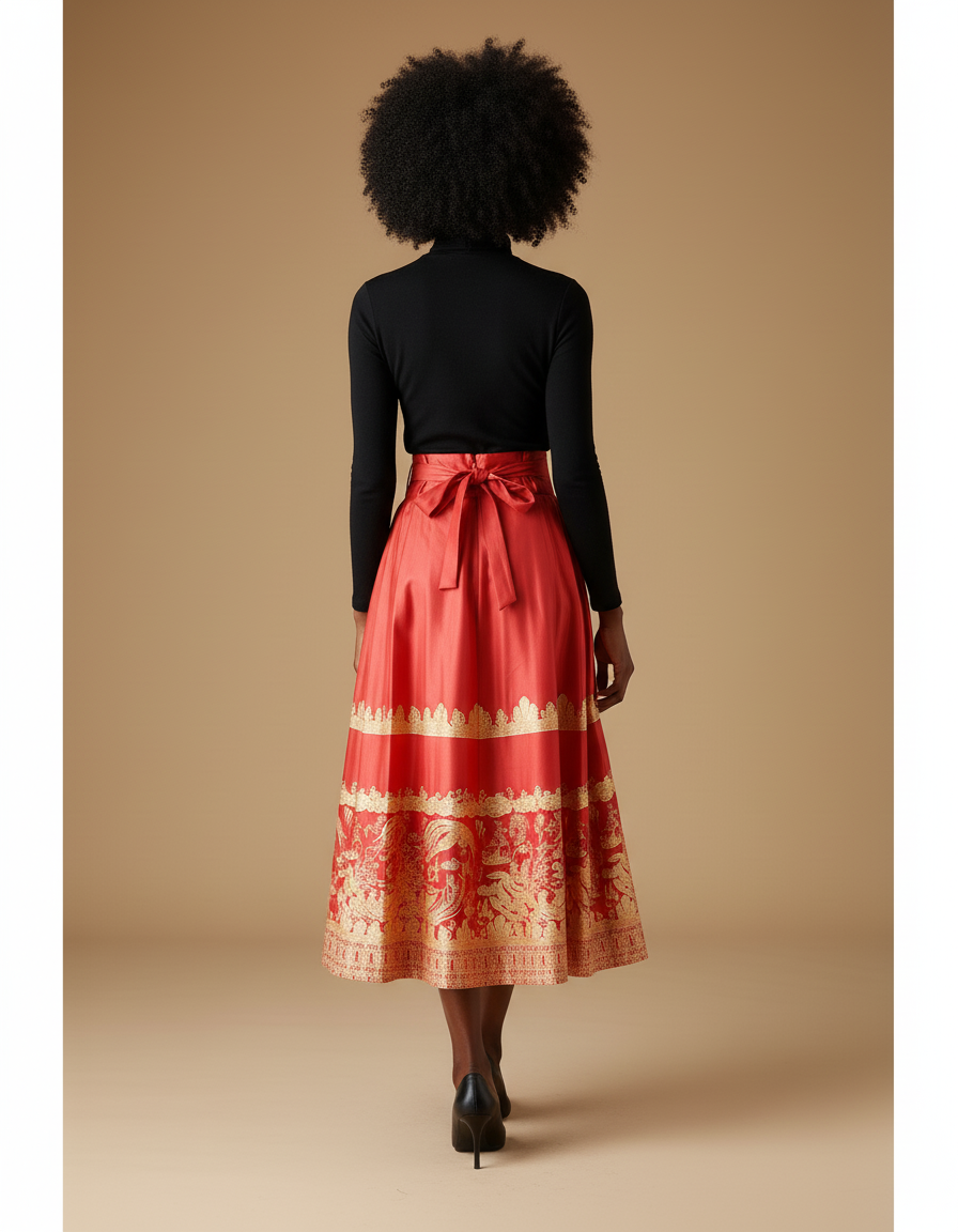 Jupe Longue Rouge Motifs Dorés Plissée