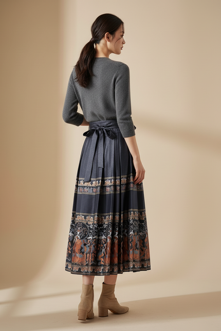 Jupe Longue Plissée Motif Ethnique Élégante