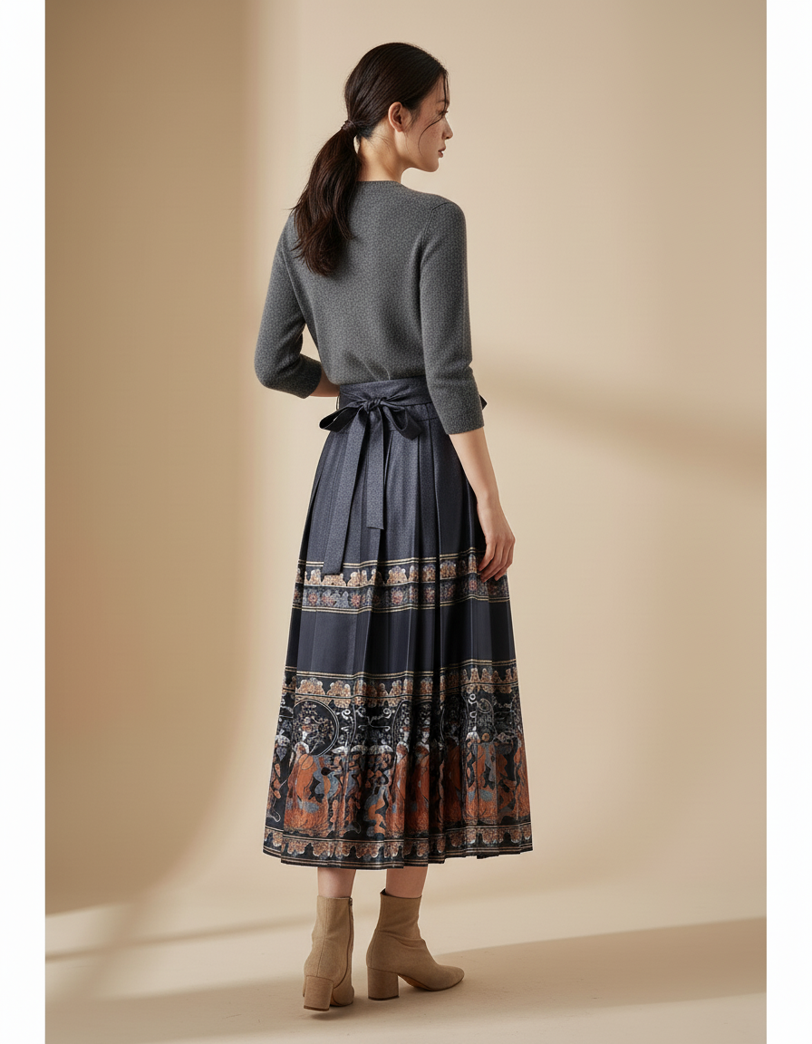 Jupe Longue Plissée Motif Ethnique Élégante