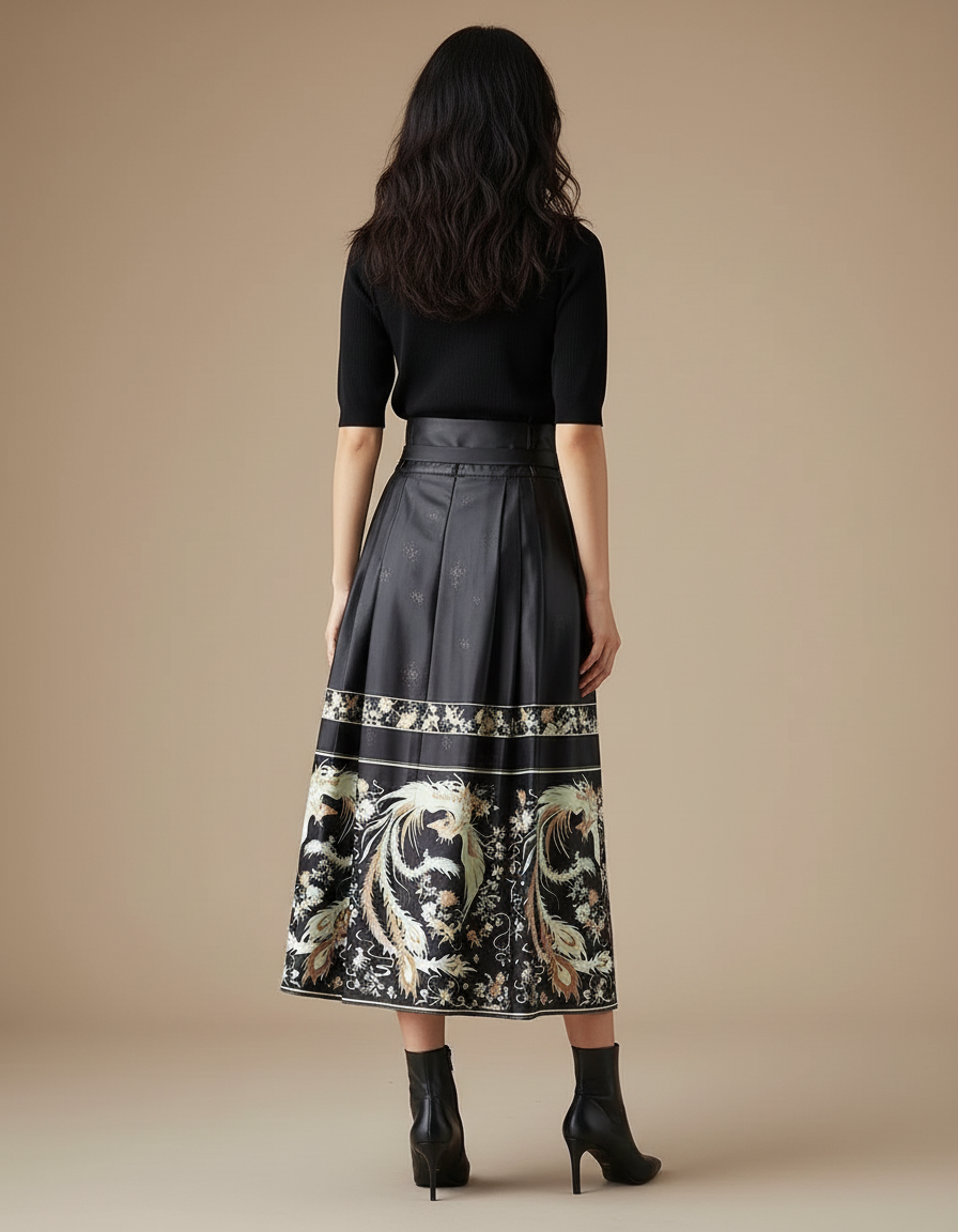 Jupe Longue Plissée Élégante Motif Ethnique