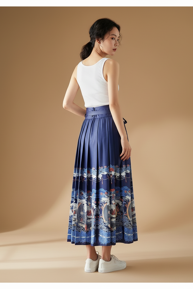 Jupe Longue Plissée Imprimée Chinoise Élégante