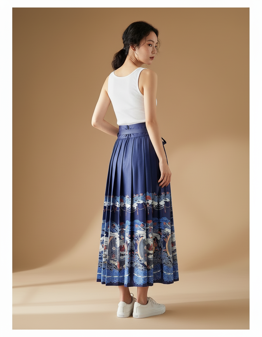 Jupe Longue Plissée Imprimée Chinoise Élégante