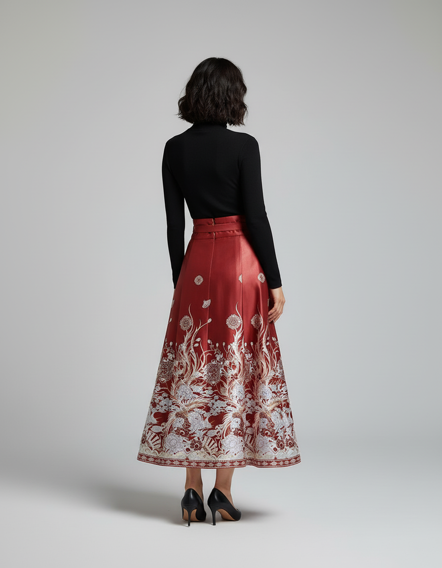 Jupe Longue Plissée Motifs Chinois Élégante Originale