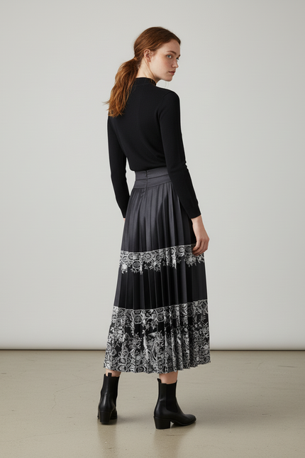 Jupe Longue Plissée Motif Ethnique Élégante Bohème