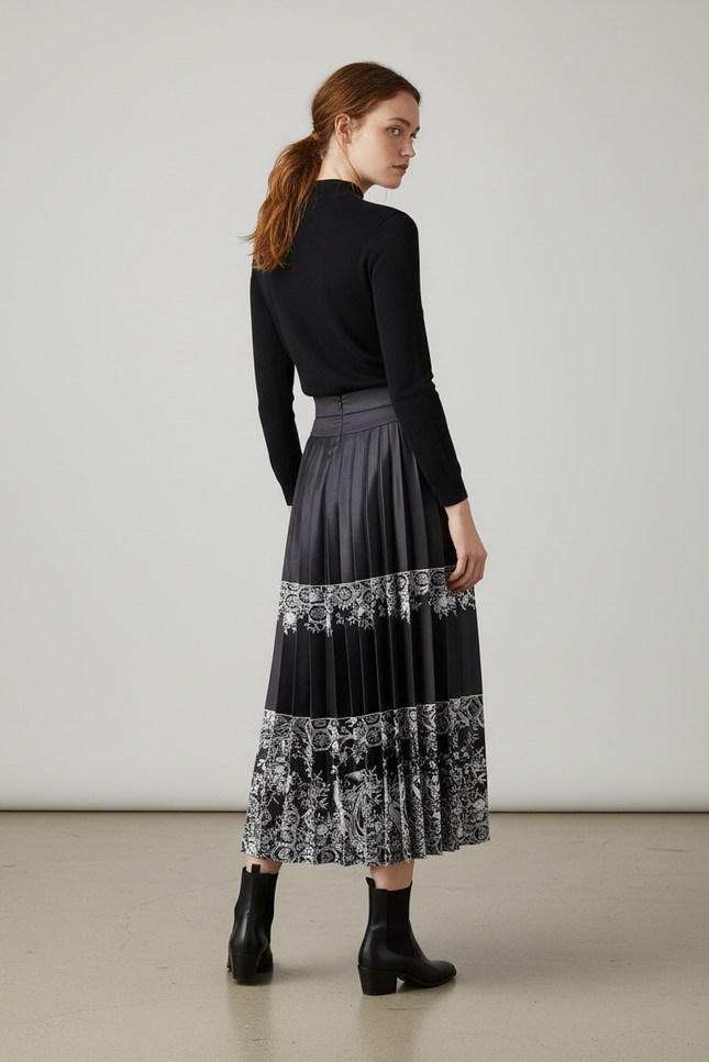 Jupe Longue Plissée Motif Ethnique Élégante Bohème