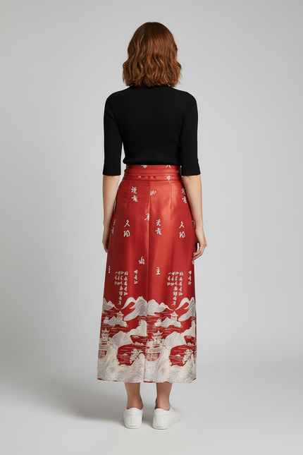 Jupe Longue Rouge À Motif Chinois Élégante