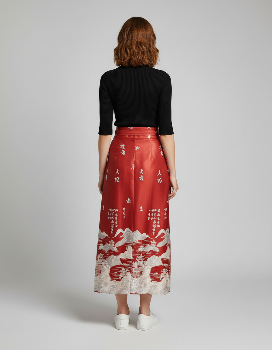 Jupe Longue Rouge À Motif Chinois Élégante