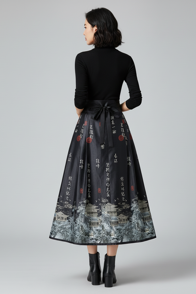 Jupe Longue Plissée Imprimé Chinois Élégante