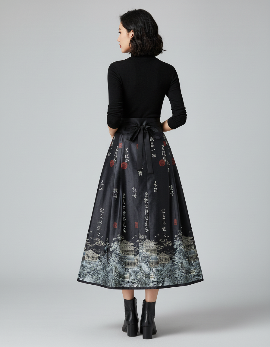 Jupe Longue Plissée Imprimé Chinois Élégante