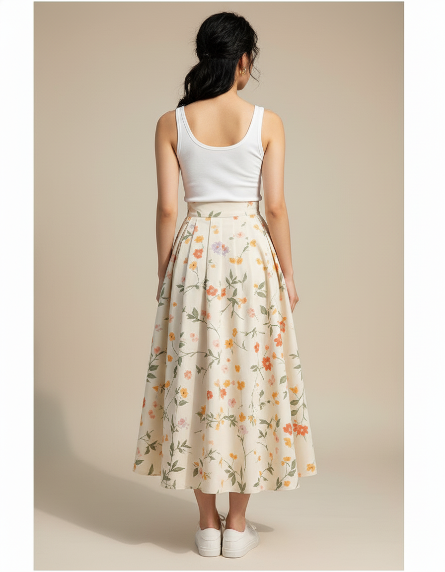 Jupe Longue Crème Fleurie Chic