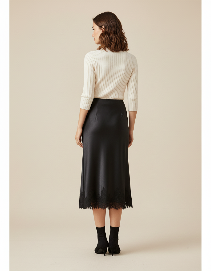 Jupe Longue Satin Dentelle Élégante Femme