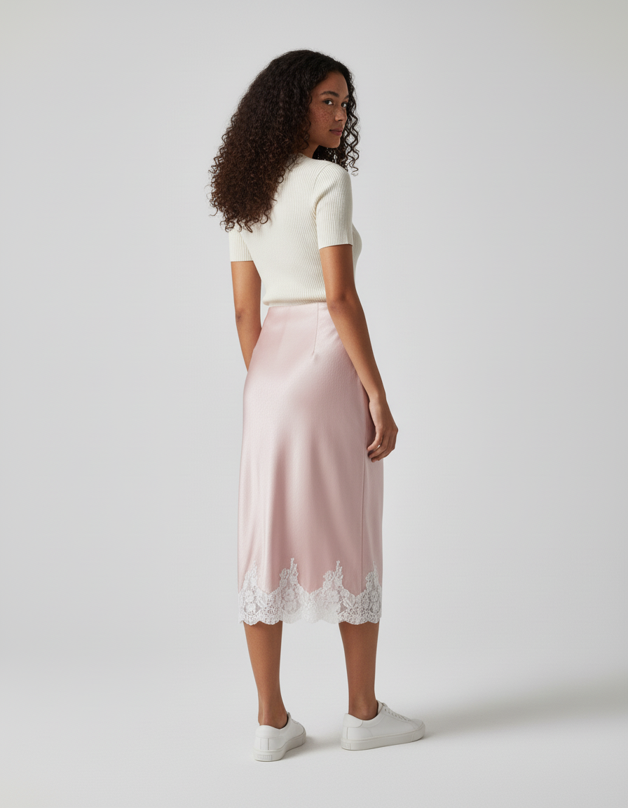 Jupe Longue Satin Rose Dentelle Élégante