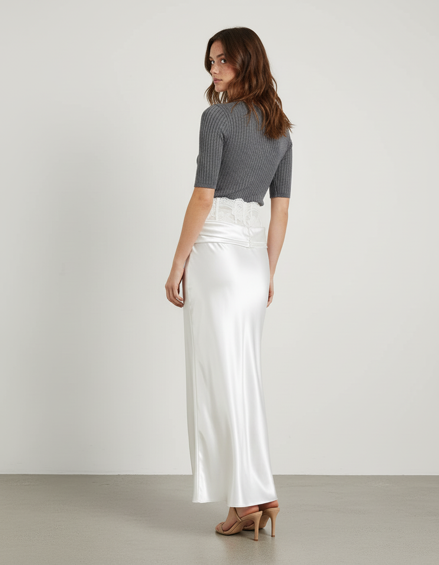 Jupe Longue Blanche Satinée Dentelle Élégante
