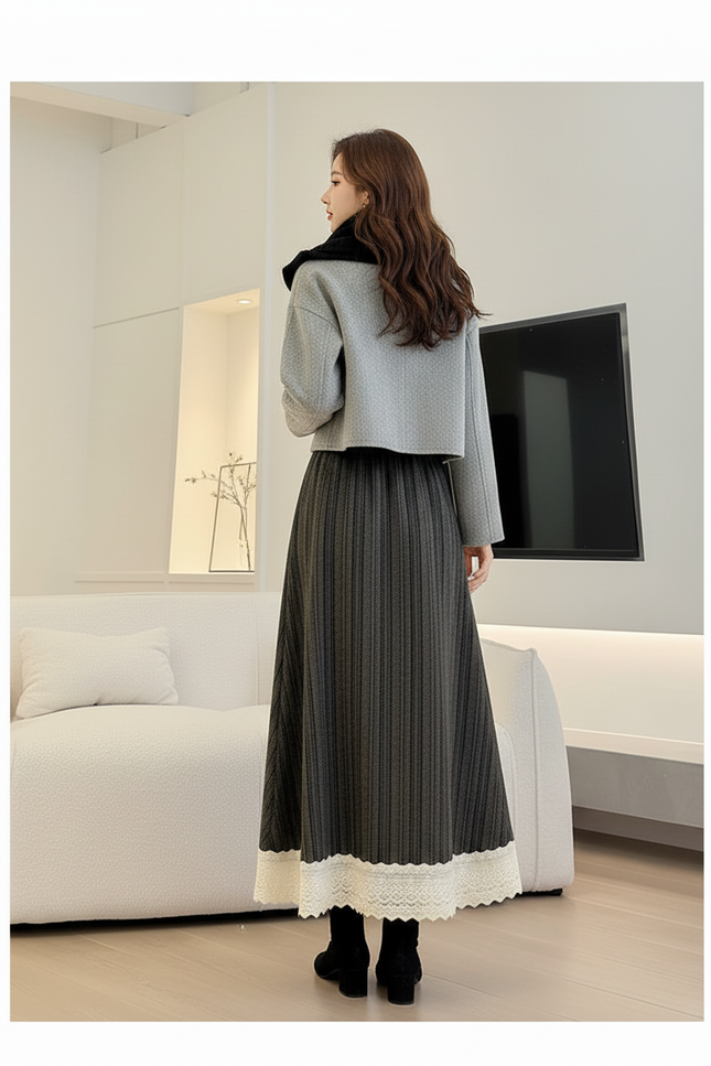 Jupe Longue Grise Côtelée Dentelle Élégante