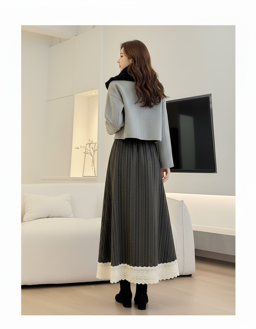 Jupe Longue Grise Côtelée Dentelle Élégante