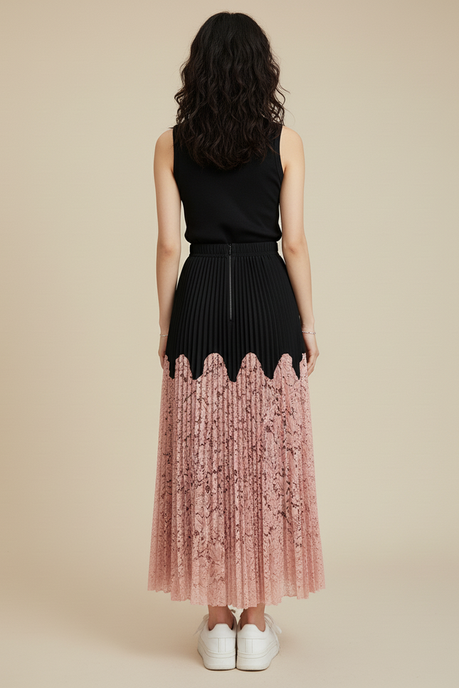 Jupe Longue Plissée Dentelle Élégante