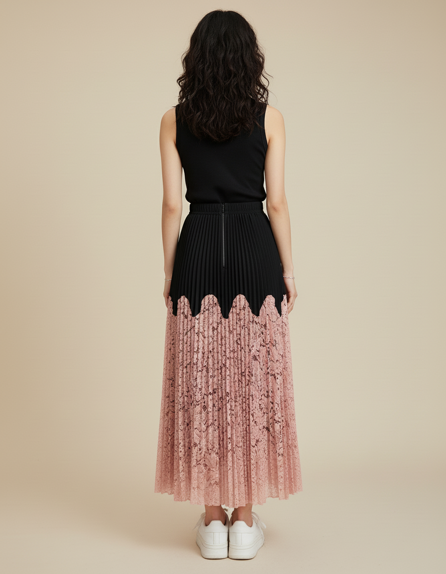 Jupe Longue Plissée Dentelle Élégante